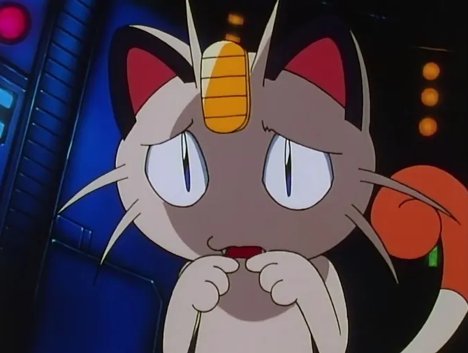 A screenshot of Meowth from the Pokemon anime. He looks sad or apologetic, and is doing the uwu pose where you point your pointer fingers towards each other.