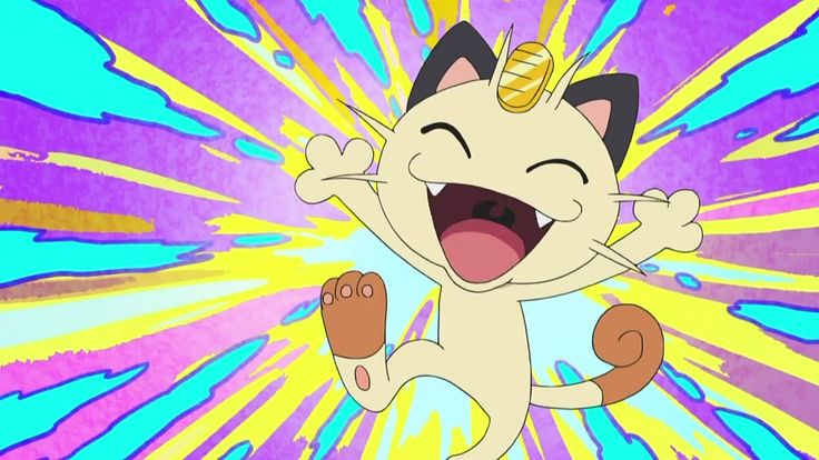 A screenshot of Meowth from the Pokemon anime. He is standing in front of an abstract, sort of tie-dye or starburst yellow, blue, and purple background. He looks happy, his eyes are closed and he is smiling.